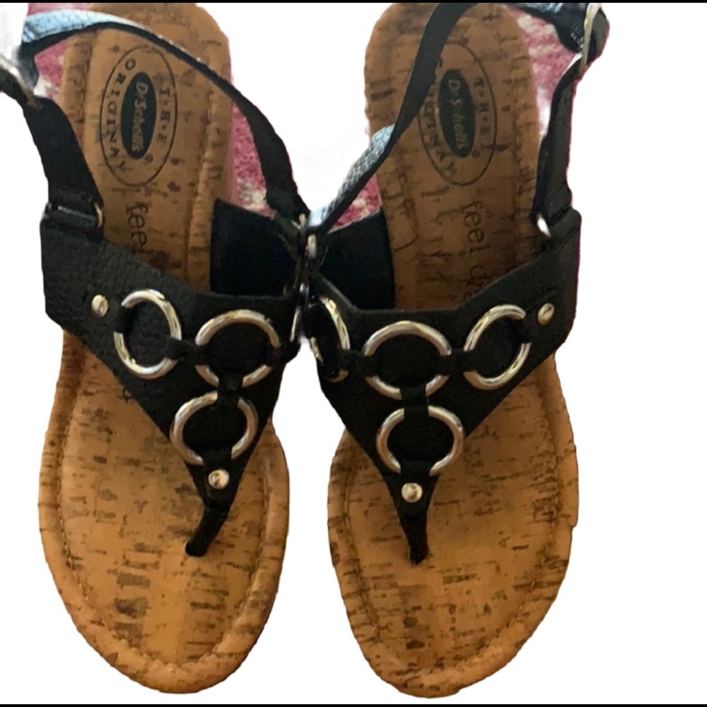 VINTAGE DR. SCHOLL’S FEEL CRAZY GOOD BLACK PLATFORM FLIP FLOPS WEDGES SANDALS 6
